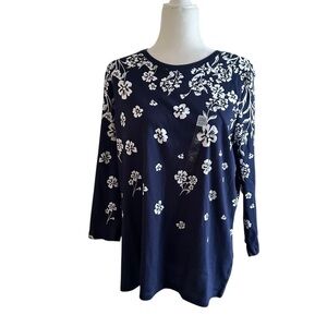 Kim Rogers  Soft Navy Floral Long Sleeve T-Shirt Women’s XL | 100% Cotton